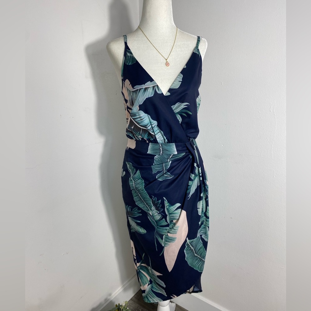 Tropical Faux Wrap Midi Adjustable Straps Women Dress Size Small